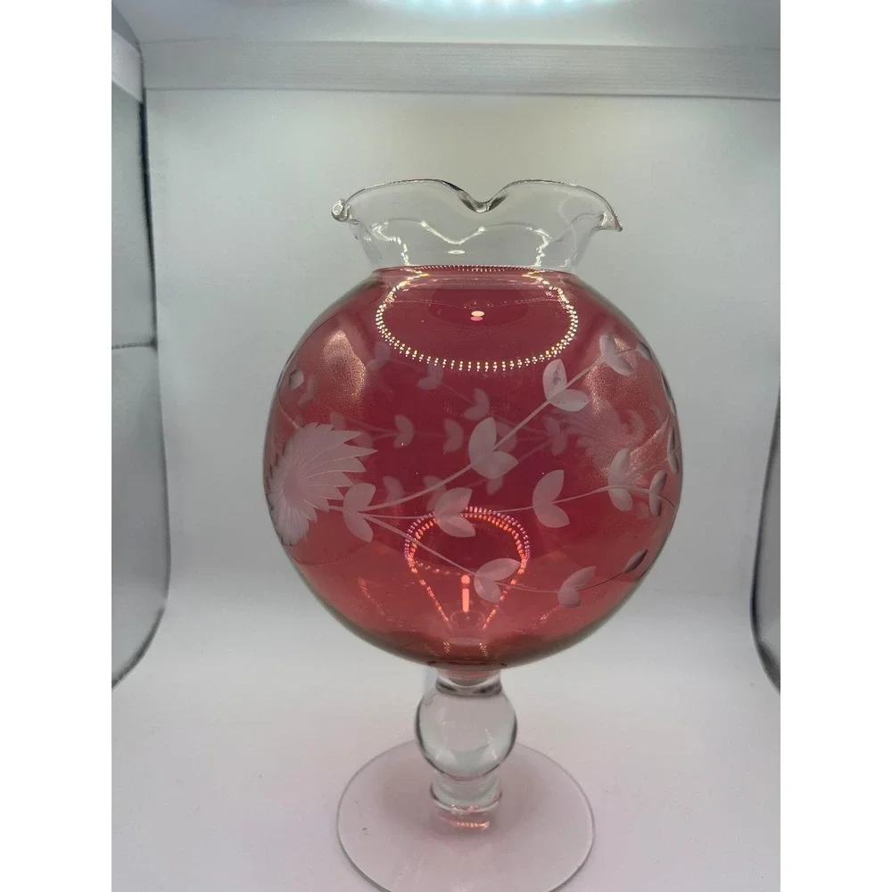 Vintage Cranberry‎ Etched Candleholder Ruffled Top